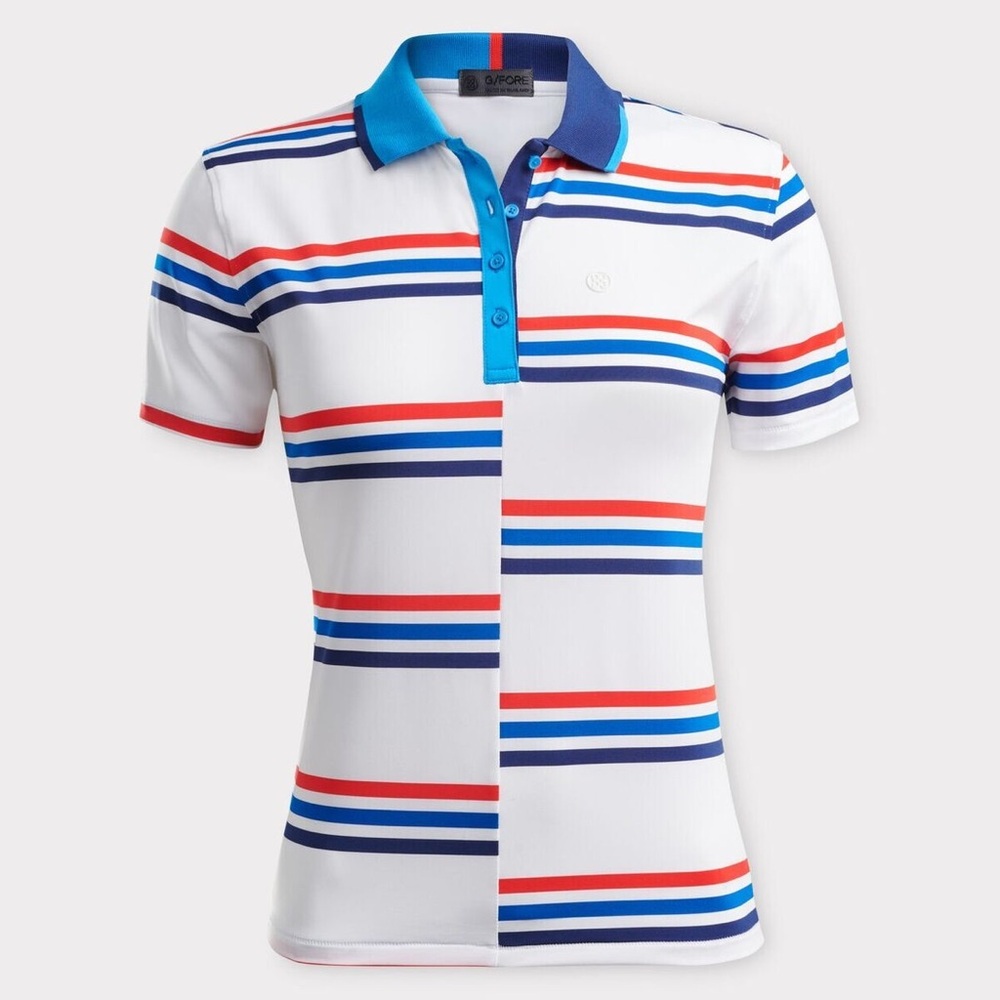 G/Fore Women Offset Stripe Polo Top Size S M L Snow Turq Red Golf Shirt - Picture 2 of 3